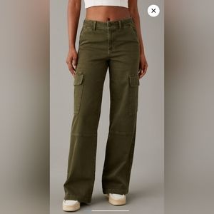 American Eagle AEO Dreamy Drape Cargo Pants Baggy Wide Leg Army Green 12 Long